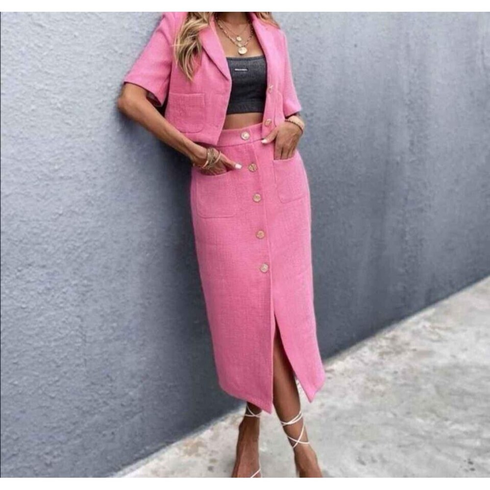 Shein Skirt Suit Pink Textured 2 Piece Cropped Blazer Set